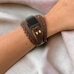 Boho Chic Layered Watch Band for Fitbit Luxe, Brown Leather Replacement Strap